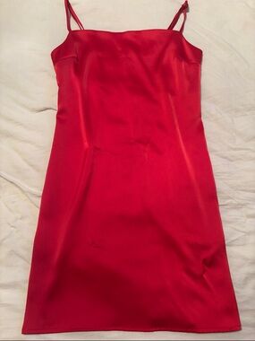 Garage Red Satin Mini Slip Dress with Spaghetti Straps